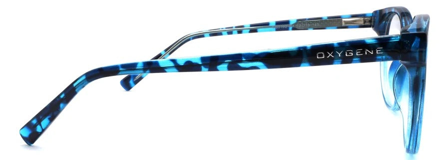 Side view of Oxygene glasses showing blue tortoiseshell temple with silver logo.