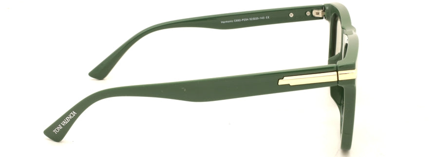 Side view of Toni Valencia dark green square sunglasses with gold accents.
