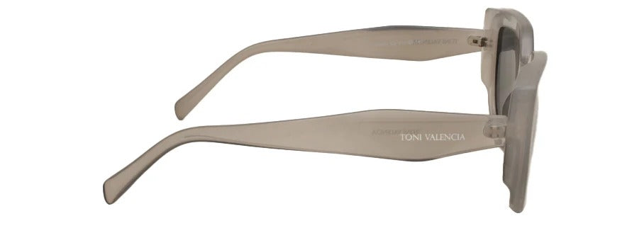 Side profile of translucent grey Toni Valencia sunglasses showing the thick temple.