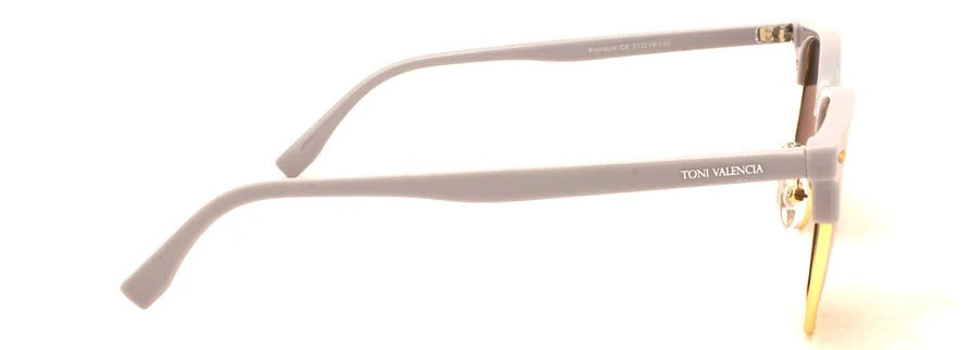 Side profile of Toni Valencia grey and gold clubmaster sunglasses.