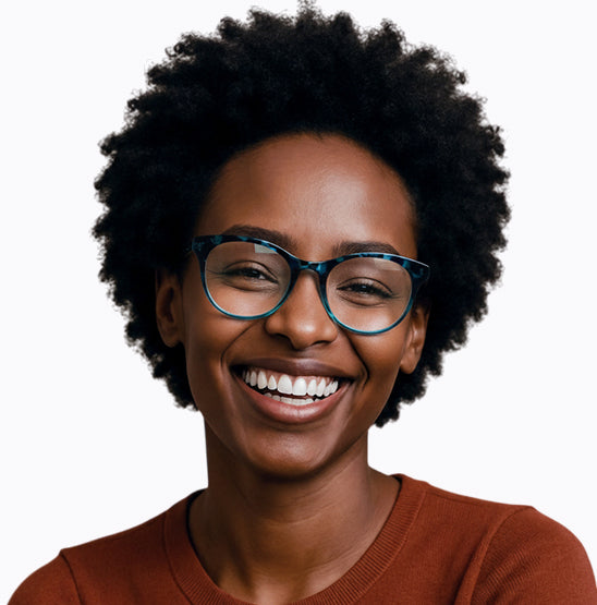 Girl wearing Front view of Oxygene round glasses with blue tortoiseshell frames.