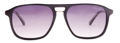 Front view of black aviator-style sunglasses with purple gradient lenses.