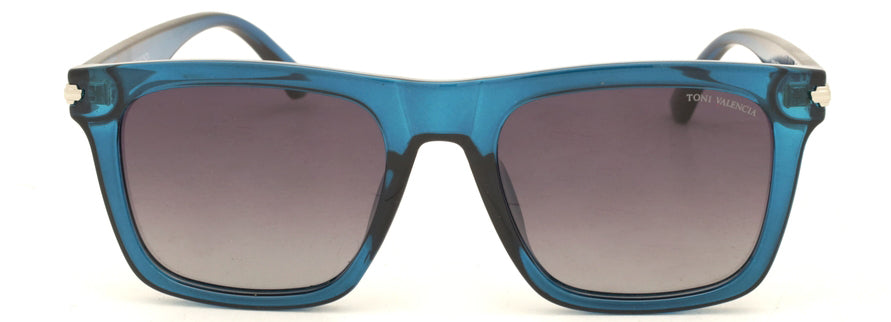 Toni Valencia blue transparent square sunglasses, front view.