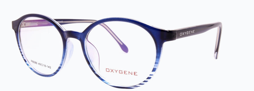 Blue round eyeglasses angled view