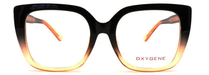 front profile of Oxygene eyeglasses showing the two-tone dark brown and sage green temple arms.