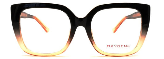 front profile of Oxygene eyeglasses showing the two-tone dark brown and sage green temple arms.