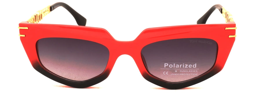 Toni Valencia red cat-eye polarized sunglasses, front view.