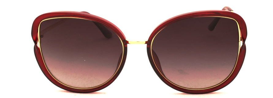 Front view of Toni Valencia dark red sunglasses with gold metal temples.